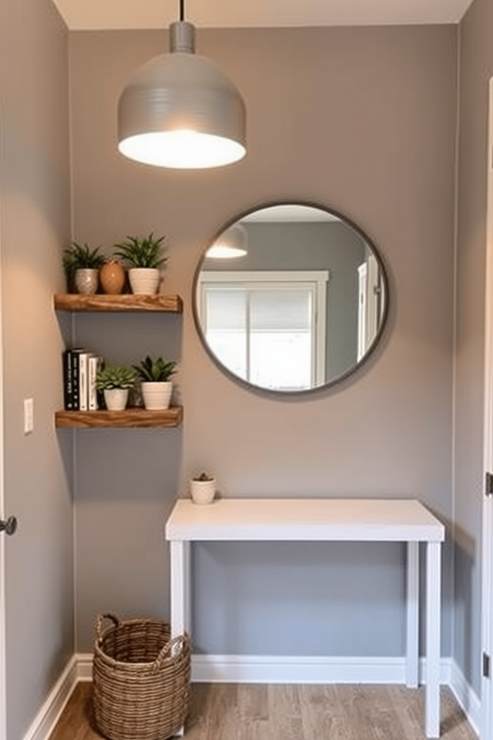 A small entryway features floating shelves made of reclaimed wood, adorned with a mix of potted plants and decorative books. The walls are painted a soft gray, and a woven basket sits below the shelves, providing stylish storage for shoes and accessories. The entryway is illuminated by a sleek pendant light that casts a warm glow over a minimalist console table. A large round mirror hangs above the table, reflecting light and creating the illusion of more space.