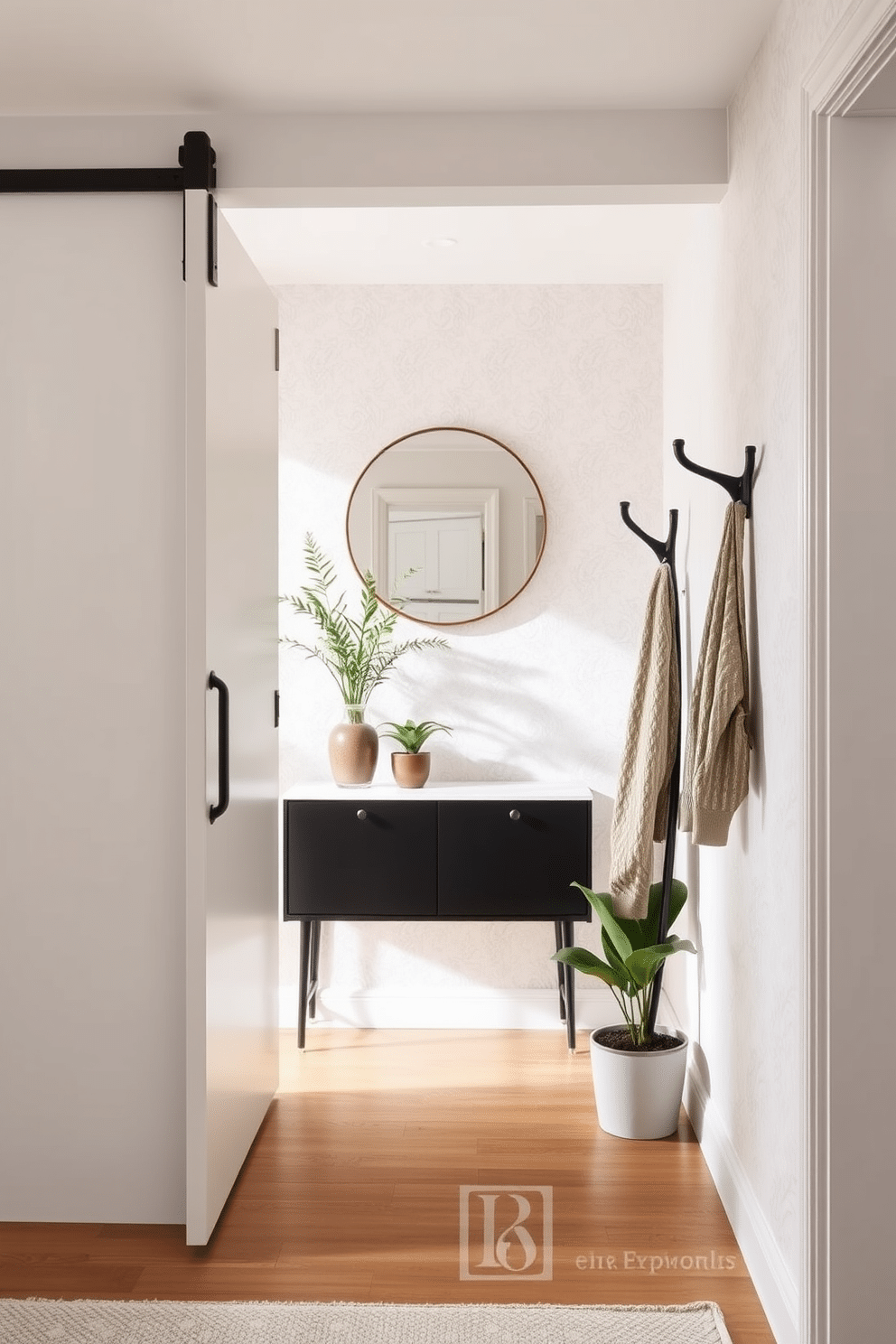 A sleek sliding door serves as a space-saving solution, seamlessly blending functionality with modern aesthetics. The entryway features a minimalist design, highlighted by a narrow console table and a stylish coat rack, maximizing the use of limited space. The walls are adorned with light-colored wallpaper, creating an airy and inviting atmosphere. A round mirror above the console table enhances the sense of depth, while potted plants add a touch of greenery to the small entryway.