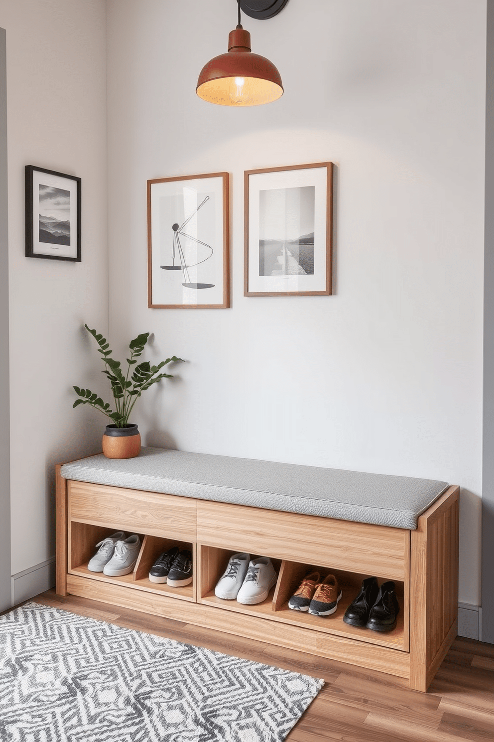 A compact shoe storage solution is integrated beneath a sleek wooden bench, providing a functional yet stylish entryway. The bench is upholstered in a soft gray fabric, while the walls are adorned with minimalist artwork and a small potted plant adds a touch of greenery. The shoe storage features multiple compartments, allowing for organized and easy access to footwear. A warm, ambient light fixture hangs above, illuminating the space and creating an inviting atmosphere.