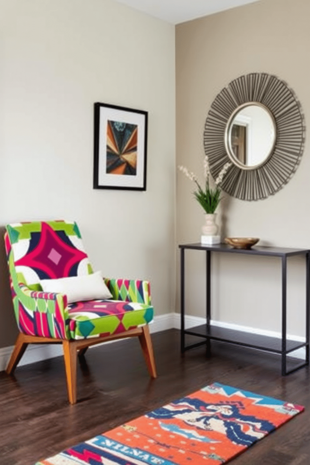 A vibrant accent chair upholstered in a bold geometric pattern sits in the corner, adding a splash of color to the room. The chair features sleek wooden legs and plush cushions, making it both stylish and comfortable. The entryway is designed to maximize space, featuring a compact console table with a striking mirror above it. A small potted plant and a decorative bowl for keys add a welcoming touch, while a colorful runner rug defines the area.