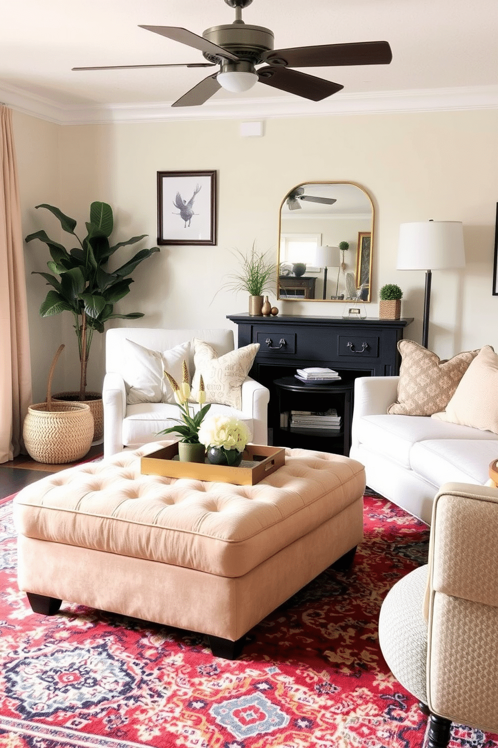 A cozy small family room featuring a plush ottoman that serves as both extra seating and stylish storage. The room is adorned with soft, neutral-toned furnishings, complemented by a vibrant area rug that adds warmth and character.