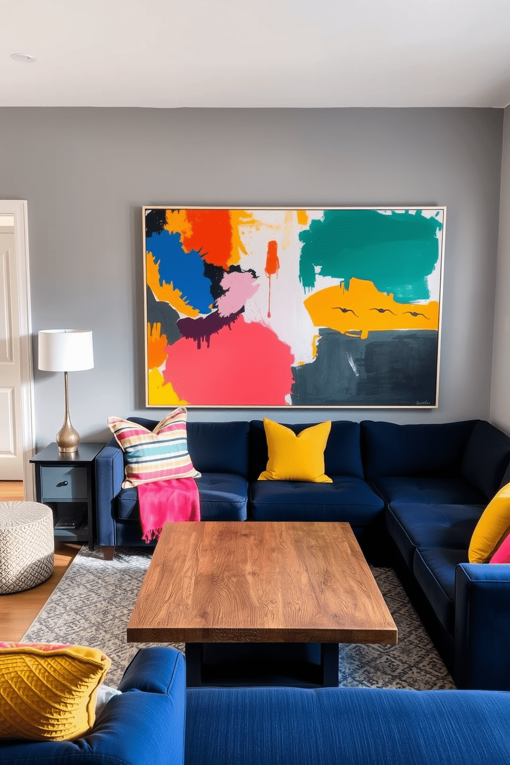 A small family room featuring bold artwork that adds character and style. The walls are painted in a soft gray, providing a neutral backdrop for a large, vibrant abstract painting that dominates the space. A cozy seating arrangement includes a plush sectional sofa in a deep navy blue, accented with colorful throw pillows. A sleek coffee table made of reclaimed wood sits at the center, surrounded by a soft area rug that ties the room together.