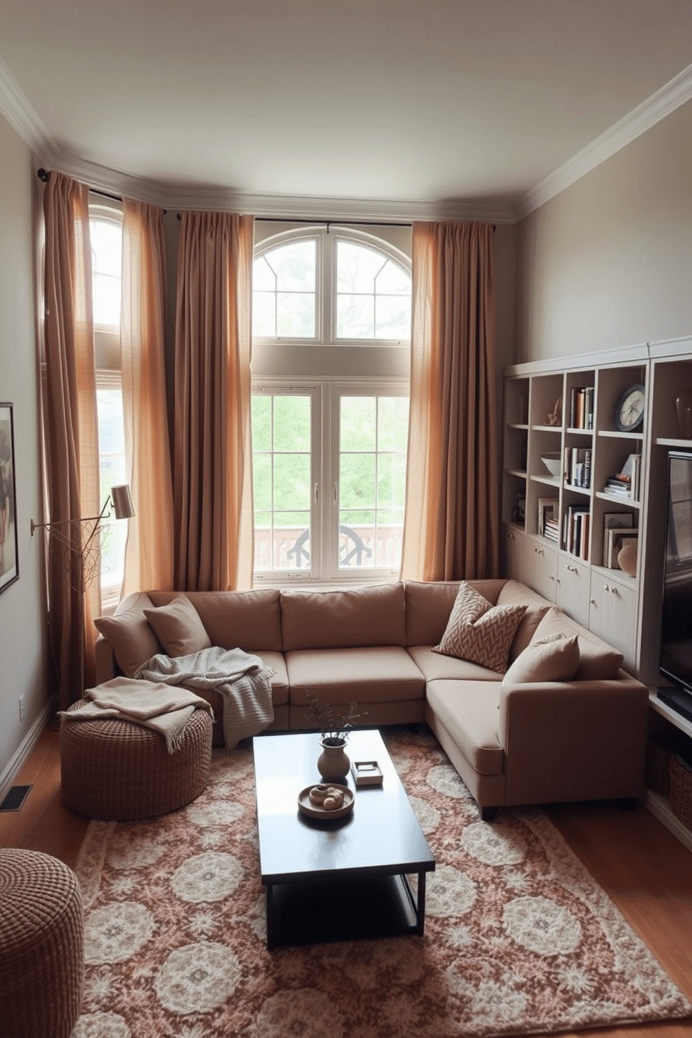 A cozy small family room featuring soft, flowing curtains that frame a large window, adding warmth and texture to the space. The room is designed with a comfortable sectional sofa in a neutral color, complemented by a plush area rug and a modern coffee table. Incorporate built-in shelves for books and decorative items, enhancing the room's functionality without sacrificing style. A warm color palette of earthy tones and subtle accents creates an inviting atmosphere perfect for family gatherings.