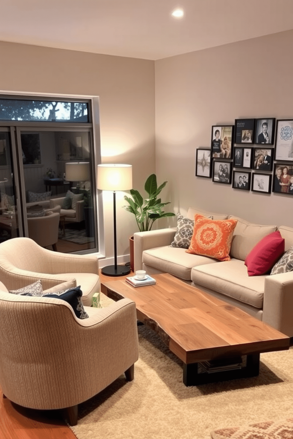 A cozy reading nook featuring a plush armchair upholstered in soft, textured fabric, positioned next to a large window that lets in natural light. A small side table holds a stack of books and a steaming cup of tea, while a floor lamp with a warm glow illuminates the space in the evening. Design a small family room that maximizes comfort and functionality, incorporating a sectional sofa in a neutral tone paired with vibrant throw pillows. A coffee table made of reclaimed wood sits in the center, surrounded by a soft area rug, and a gallery wall of family photos adds a personal touch.