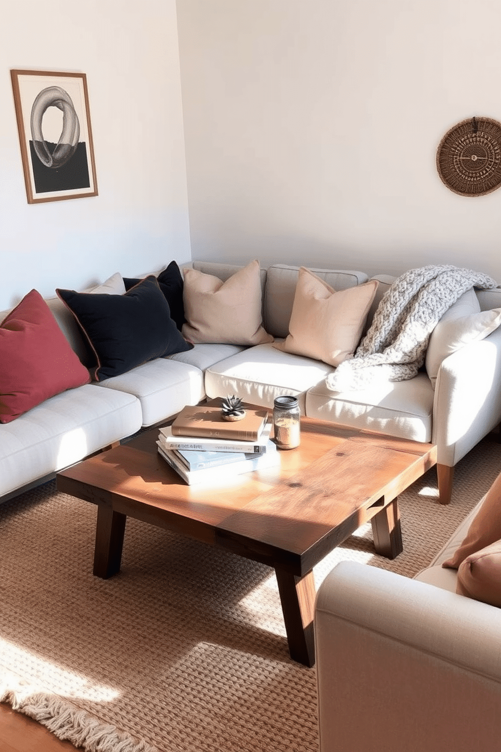 A cozy small family room that combines various textures for a warm and inviting atmosphere. Plush cushions in velvet and linen are scattered across a soft, woven area rug, while a chunky knit throw drapes over the arm of a mid-century modern sofa. The walls are painted in a soft, neutral tone, enhancing the natural light that floods the space. A rustic coffee table made of reclaimed wood sits at the center, adorned with decorative books and a small potted plant for a touch of greenery.