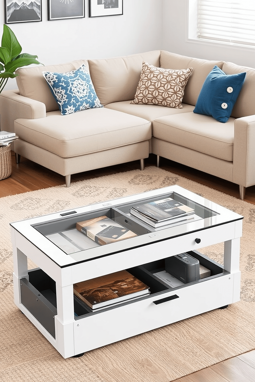 A multi-functional coffee table with a sleek design, featuring hidden storage compartments and a tempered glass top. Surrounding the table, a cozy small family room is styled with a plush sectional sofa in a neutral tone, accented by colorful throw pillows and a soft area rug.