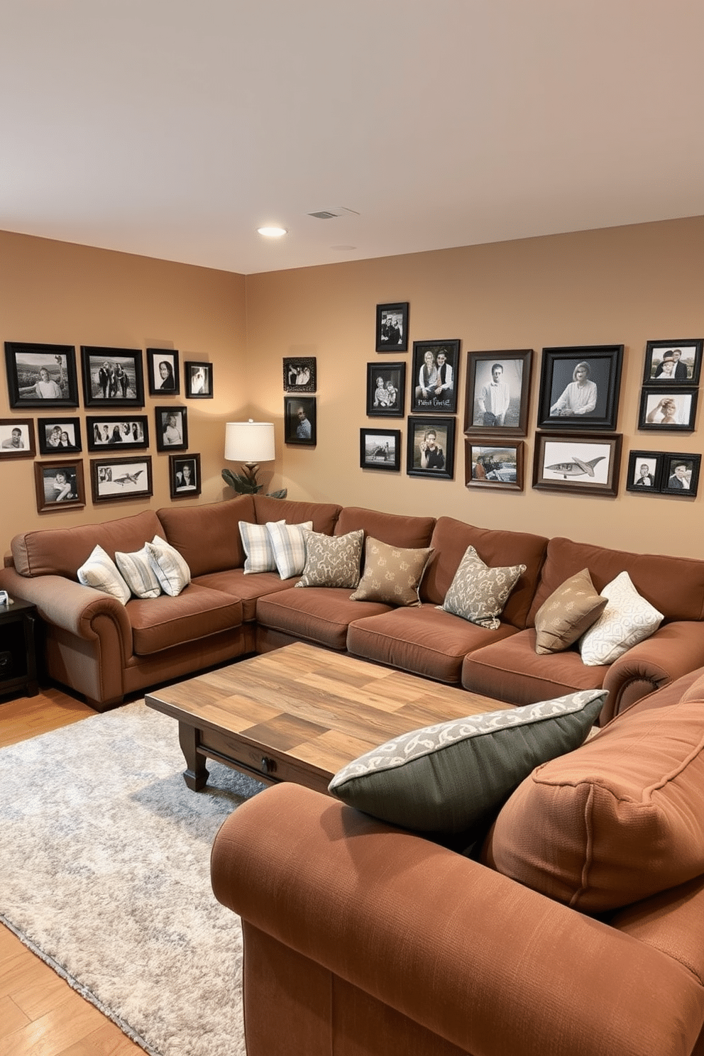 A cozy family room filled with personalized decor showcasing cherished family photos in various frames. The walls are painted a warm beige, and a plush, oversized sectional sofa is positioned around a rustic wooden coffee table. In one corner, a gallery wall displays framed pictures of family moments, creating a sense of nostalgia and warmth. A soft area rug in neutral tones anchors the seating area, while a few decorative cushions add splashes of color and comfort.