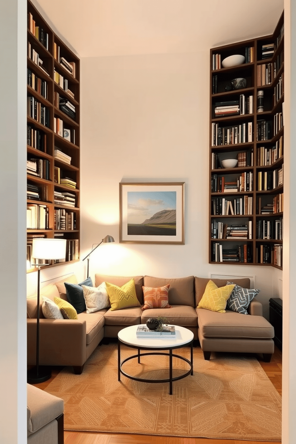 A cozy small family room features tall bookshelves that reach up to the ceiling, filled with a mix of books and decorative items. The room is designed with a comfortable sectional sofa in a soft fabric, complemented by a round coffee table and warm lighting from a stylish floor lamp. The walls are painted in a light, airy color to enhance the sense of space, while a large area rug anchors the seating area. Decorative cushions in various textures and patterns add a pop of color, creating an inviting atmosphere for family gatherings.