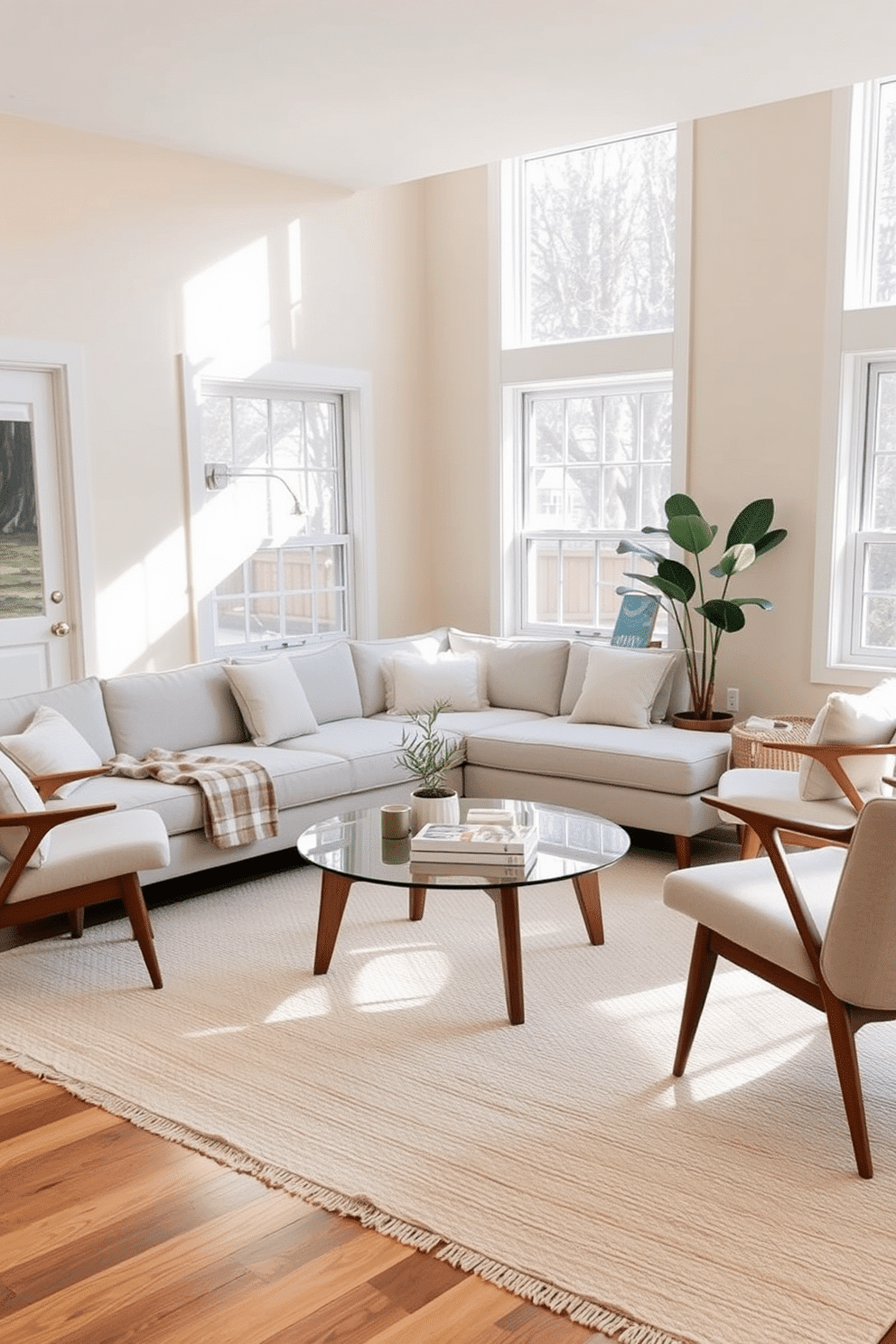 A cozy small family room featuring a light gray sectional sofa with exposed wooden legs, creating an airy and inviting atmosphere. A round glass coffee table sits in the center, adorned with a few art books and a small potted plant, enhancing the openness of the space. On one side, a sleek, mid-century modern armchair with exposed wooden arms complements the sofa, while a soft area rug anchors the seating area. The walls are painted in a warm cream tone, and large windows allow natural light to flood the room, making it feel spacious and welcoming.