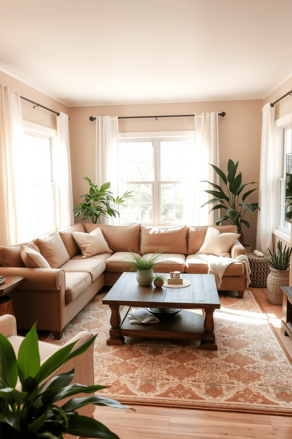 A cozy small family room bathed in natural light, featuring soft beige walls that enhance the warmth of the space. A plush sectional sofa in a muted earth tone is arranged around a rustic wooden coffee table, creating an inviting gathering area. Large windows adorned with sheer white curtains allow sunlight to filter in, illuminating the room. A patterned area rug anchors the seating area, while potted plants add a touch of greenery and freshness to the decor.