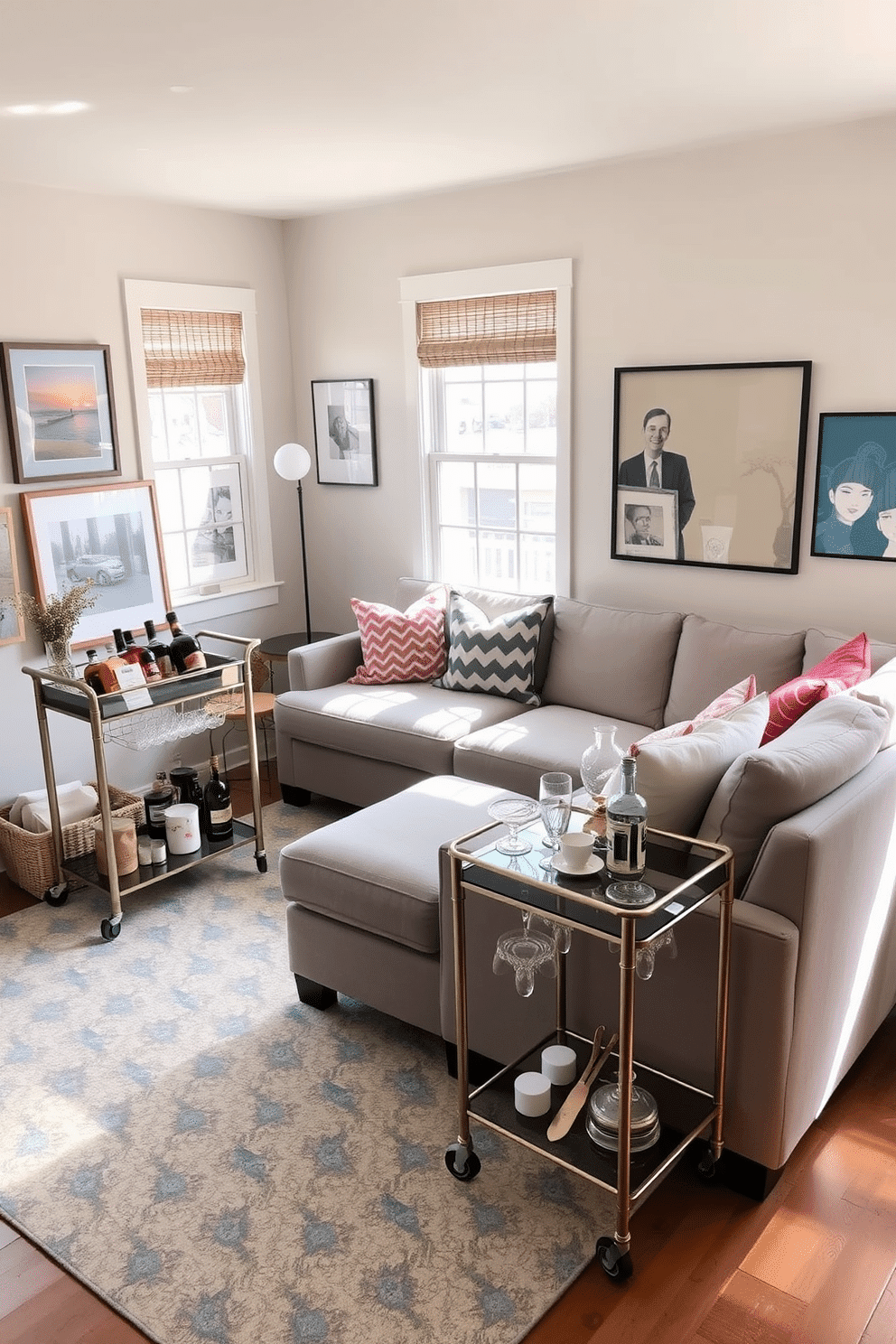 A cozy family room featuring a small bar cart elegantly positioned in the corner, stocked with an assortment of spirits and glassware. The room is adorned with a plush sectional sofa in a soft gray fabric, complemented by colorful throw pillows that add a pop of personality. Natural light pours in through large windows, illuminating the space with a warm glow. A stylish area rug anchors the seating arrangement, while a mix of modern art and family photos decorates the walls, creating a welcoming atmosphere.