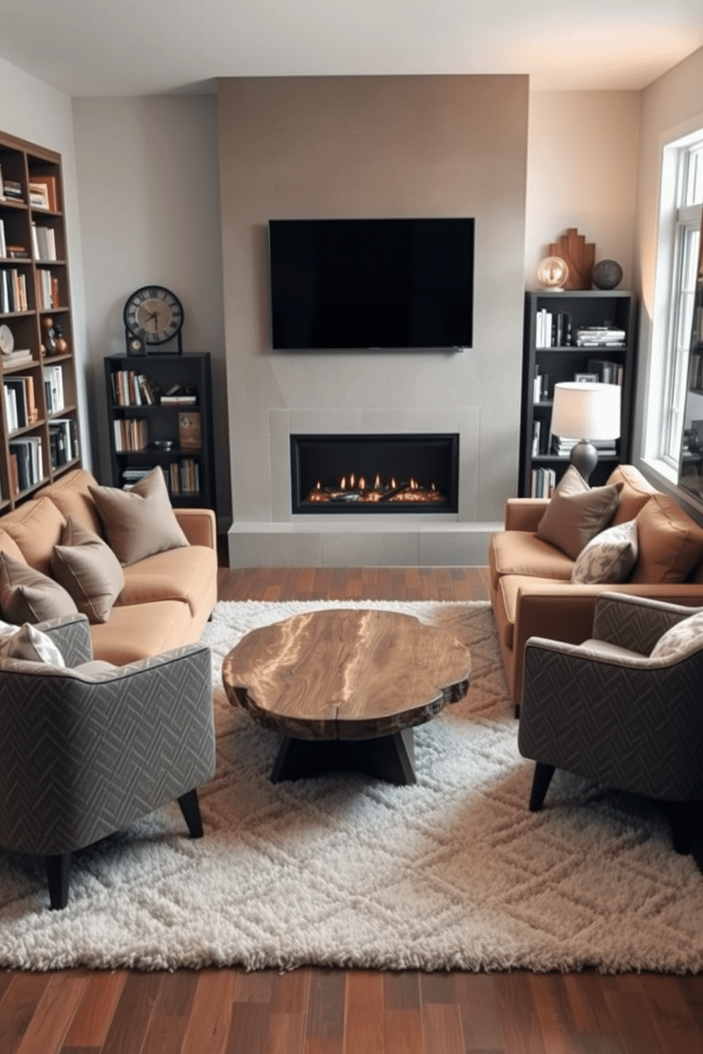 A cozy small family room features a sectional sofa in a warm beige fabric, positioned to face a sleek, modern fireplace. A round coffee table made of reclaimed wood sits in the center, surrounded by a pair of upholstered accent chairs in a subtle geometric pattern. To define the space, a plush area rug anchors the seating arrangement, while a tall bookshelf filled with books and decorative items lines one wall. Soft lighting from a stylish floor lamp adds warmth, creating an inviting atmosphere for family gatherings.