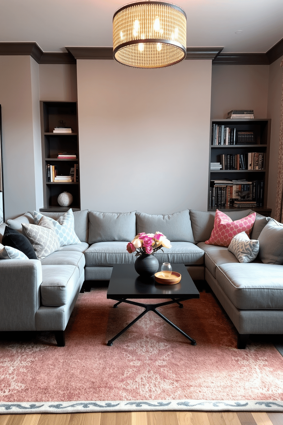 A cozy small family room features a plush sectional sofa in a soft gray fabric, accented with colorful throw pillows. A stylish coffee table sits in the center, surrounded by a patterned area rug that adds warmth to the space. On the wall opposite the sofa, a built-in bookshelf displays a curated selection of books and decorative objects. A statement light fixture hangs from the ceiling, casting a warm glow and enhancing the room's inviting atmosphere.