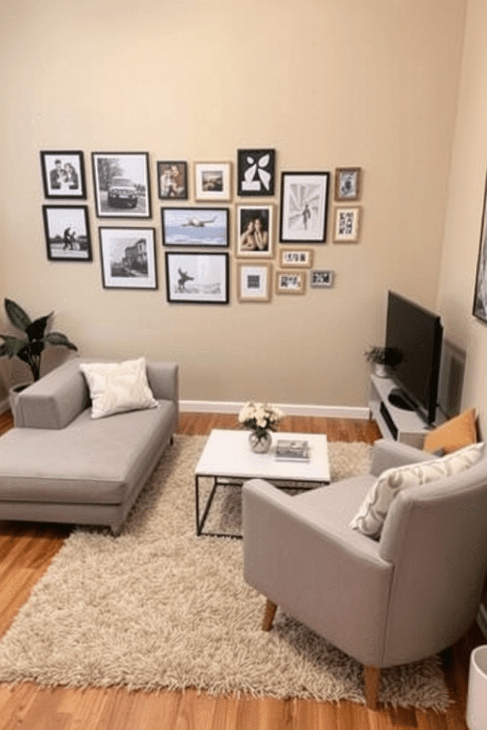 A cozy small family room featuring compact furniture for easy movement. The design includes a sleek, modular sofa in a soft gray fabric, paired with a minimalist coffee table and a couple of stylish accent chairs that can be easily rearranged. The walls are painted in a warm, inviting beige, creating a bright and airy atmosphere. To add personality, a gallery wall of framed family photos and art pieces is displayed, while a plush area rug anchors the seating area.