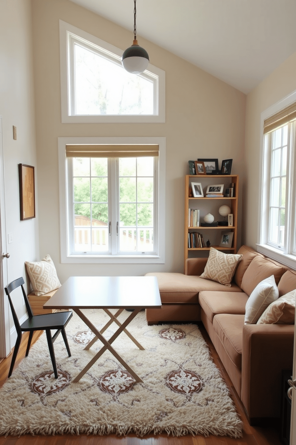 A cozy small family room features a stylish foldable dining table that can be easily tucked away when not in use. The space is adorned with soft, neutral-toned walls and a plush area rug that adds warmth, while a comfortable sectional sofa invites relaxation. In one corner, a decorative bookshelf showcases family photos and books, enhancing the personal touch of the room. Large windows allow natural light to flood in, creating an inviting atmosphere perfect for family gatherings.