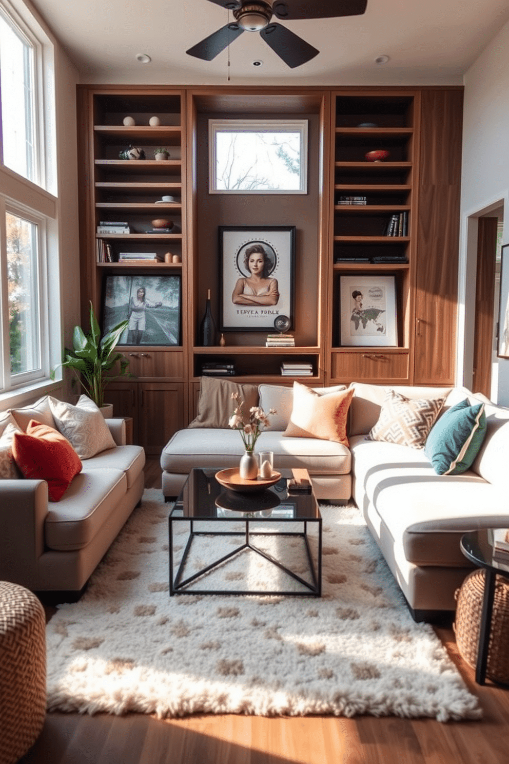 A cozy small family room featuring built-in shelves that seamlessly integrate with the walls, providing ample storage and display space. The room is adorned with a plush sectional sofa in a neutral tone, complemented by colorful throw pillows that add a touch of warmth and personality. Natural light floods the space through large windows, creating an inviting atmosphere. A stylish coffee table sits at the center, surrounded by a soft area rug that defines the seating area and adds texture to the room.