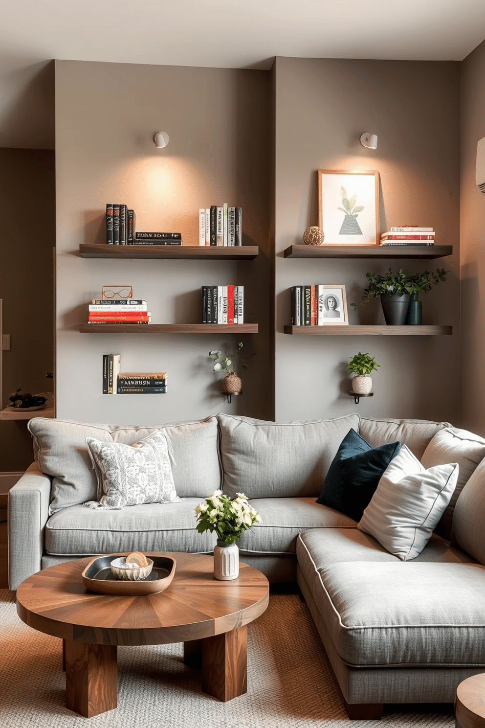 A cozy small family room features wall-mounted shelves that elegantly save floor space while displaying books and decorative items. The room is adorned with a plush sectional sofa in a soft gray fabric, complemented by a round coffee table made of reclaimed wood.