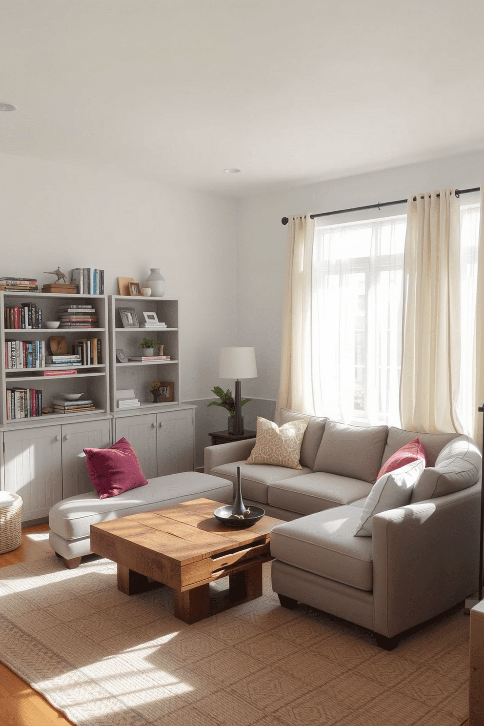 A cozy small family room with light-colored walls that enhance the brightness of the space. The room features a plush sectional sofa in soft gray, accented with colorful throw pillows, and a rustic coffee table made of reclaimed wood. In one corner, a stylish bookshelf is filled with books and decorative items, adding personality to the room. A large window dressed with sheer curtains allows natural light to flood in, creating an inviting atmosphere.