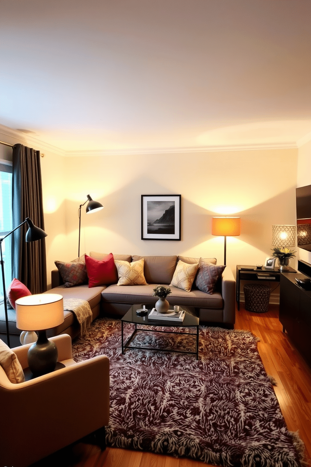 A cozy small family room featuring layered lighting with a combination of stylish floor and table lamps. The space includes a comfortable sectional sofa adorned with colorful cushions, a sleek coffee table, and a plush area rug that adds warmth to the room.