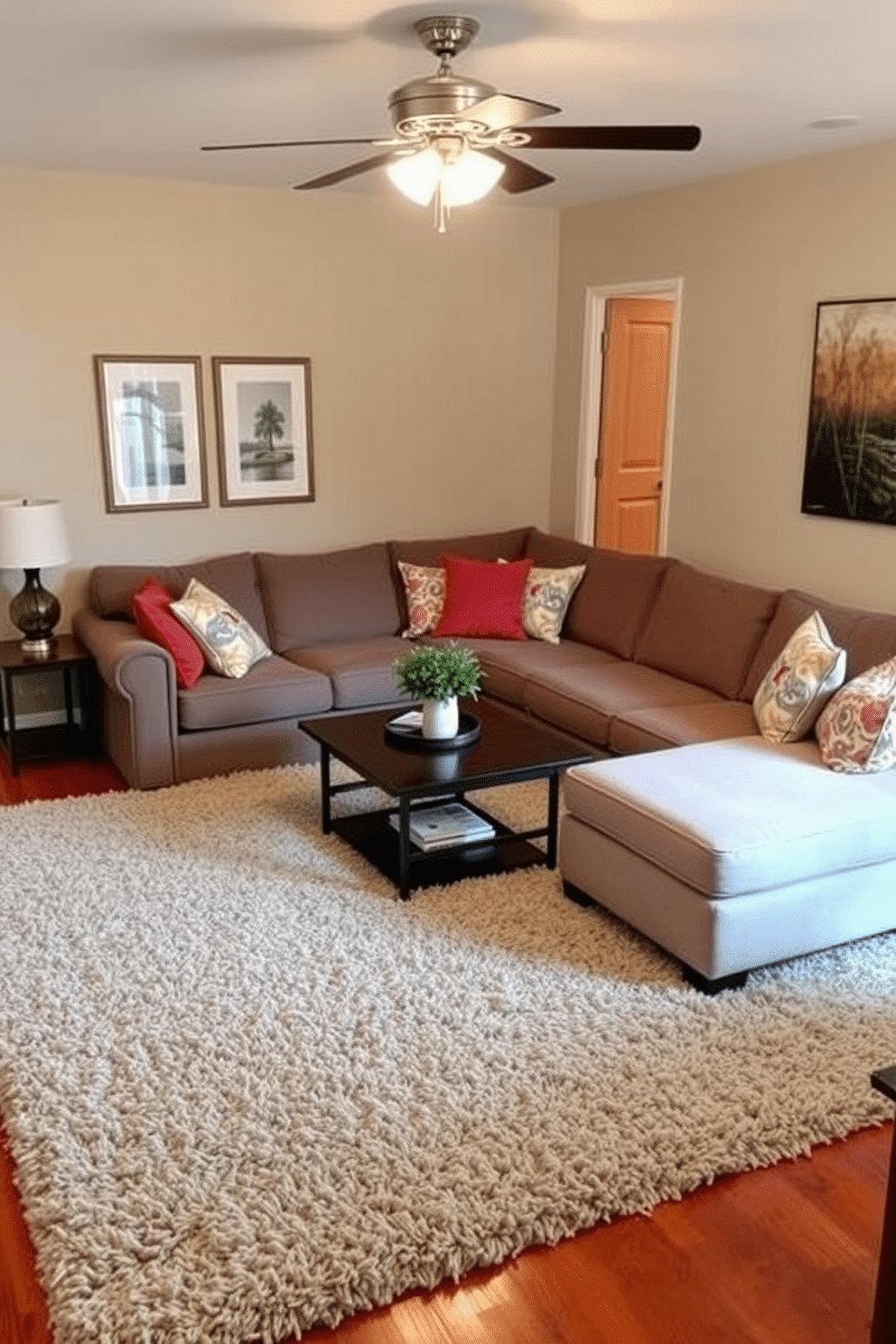 A cozy small family room featuring a plush area rug that defines the seating area, creating a warm and inviting atmosphere. The seating arrangement includes a comfortable sectional sofa adorned with colorful throw pillows, complemented by a stylish coffee table at the center.