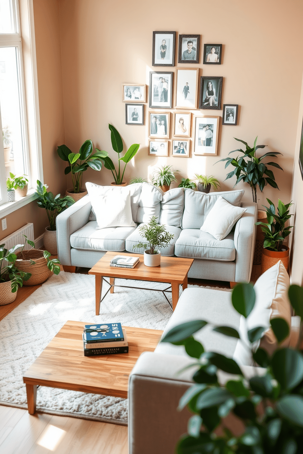 A cozy small family room filled with natural light. A plush, light gray sectional sofa is positioned in the center, surrounded by potted plants of varying sizes, adding a fresh and vibrant touch. In one corner, a wooden coffee table sits atop a soft area rug, complemented by a few decorative books and a small plant centerpiece. The walls are painted in a warm beige tone, and a gallery of family photos in simple frames adorns the wall above the sofa.