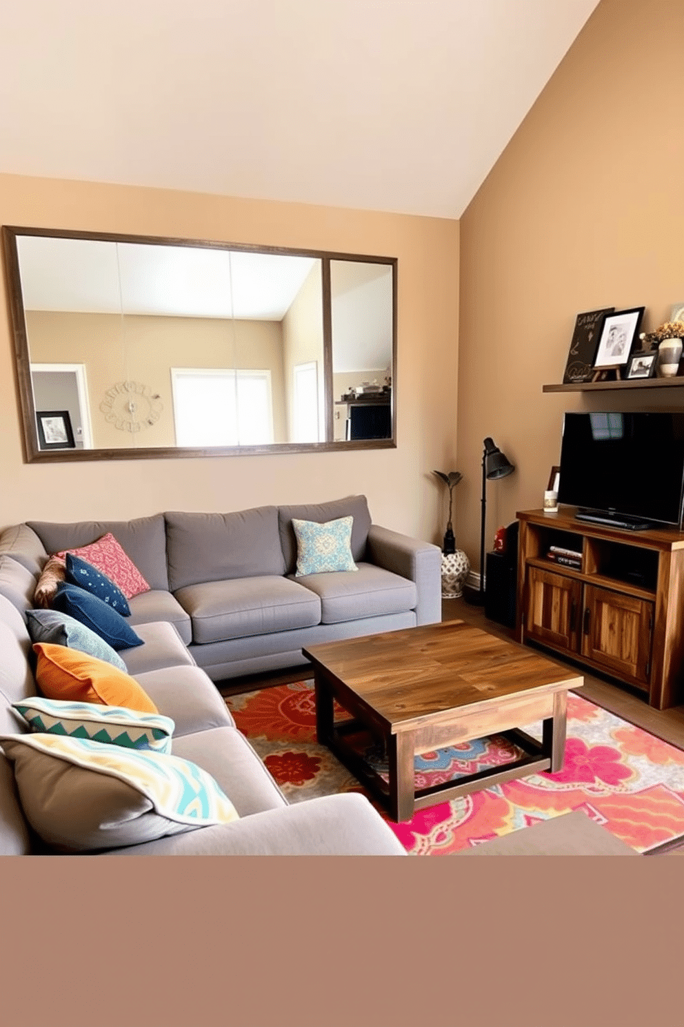 A cozy small family room featuring a large wall mirror that reflects natural light, enhancing the sense of openness. The room is furnished with a plush sectional sofa in a soft gray fabric, complemented by colorful throw pillows and a stylish coffee table made of reclaimed wood. On one side, a compact entertainment unit holds a flat-screen TV, while shelves display family photos and decorative items. The walls are painted in a warm beige tone, and a vibrant area rug adds texture and warmth to the space.