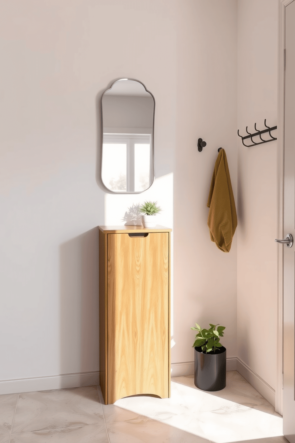 A narrow shoe cabinet is positioned against the wall, featuring a sleek design with a warm wood finish that complements the space. Above the cabinet, a stylish wall-mounted mirror reflects natural light, enhancing the cozy atmosphere of the small foyer. The flooring is adorned with light-colored tiles that create a sense of openness, while a small potted plant adds a touch of greenery. On the opposite wall, a minimalist coat rack provides functionality without overwhelming the design.