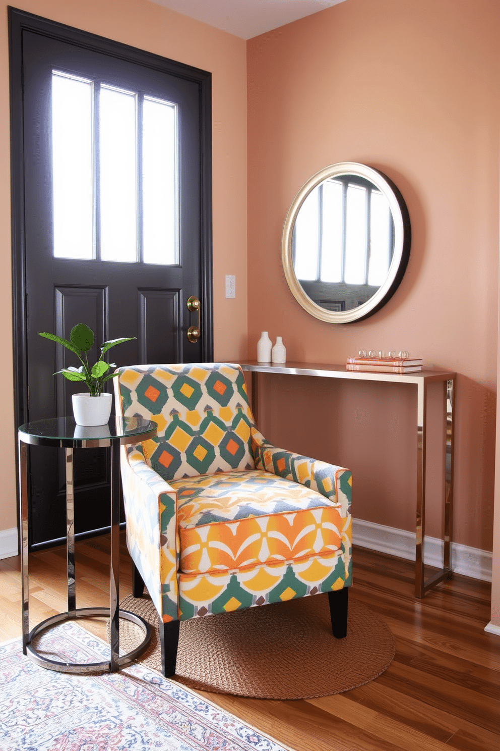 A vibrant accent chair upholstered in a bold geometric pattern sits in the corner of a small foyer. The chair is complemented by a sleek side table made of glass and metal, topped with a small potted plant for a touch of greenery. The foyer features a minimalist console table against the wall, adorned with a stylish mirror above it. A warm, inviting color palette of soft neutrals and pops of color creates an inviting atmosphere, while a small area rug adds texture underfoot.