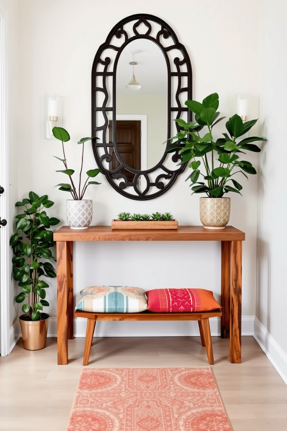 A small foyer featuring a stylish console table made of reclaimed wood, adorned with a decorative mirror above it. Lush green plants in elegant pots are placed on either side, creating a fresh and inviting atmosphere. The walls are painted in a soft, neutral tone, complemented by a chic runner rug that adds texture and warmth. A small bench with colorful cushions provides a cozy spot for guests to sit, enhancing the welcoming vibe of the space.