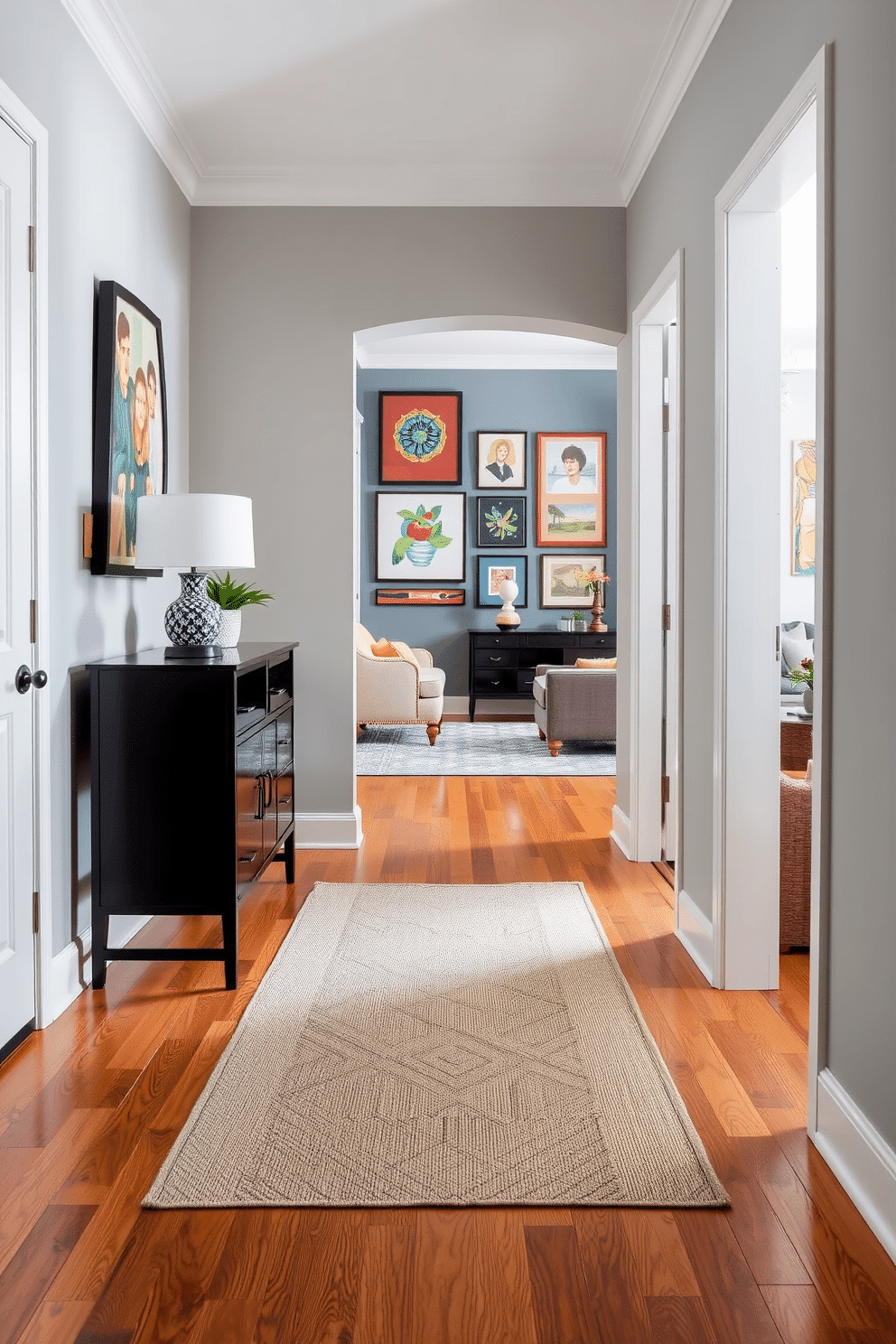 A striking entryway featuring a small foyer adorned with framed art that complements the overall decor. The walls are painted in a soft gray, and a stylish console table sits against one side, topped with a decorative lamp and a small potted plant. On the opposite wall, a series of colorful framed artworks are arranged in a gallery style, adding personality and vibrancy to the space. The floor is finished with warm hardwood, and a chic runner rug leads guests into the main living area.