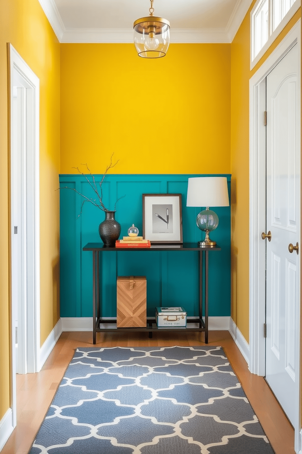 A small foyer with bold paint colors that energize the space, featuring a vibrant teal accent wall. The floor is adorned with a chic geometric patterned rug, and a sleek console table with decorative items adds style and functionality.