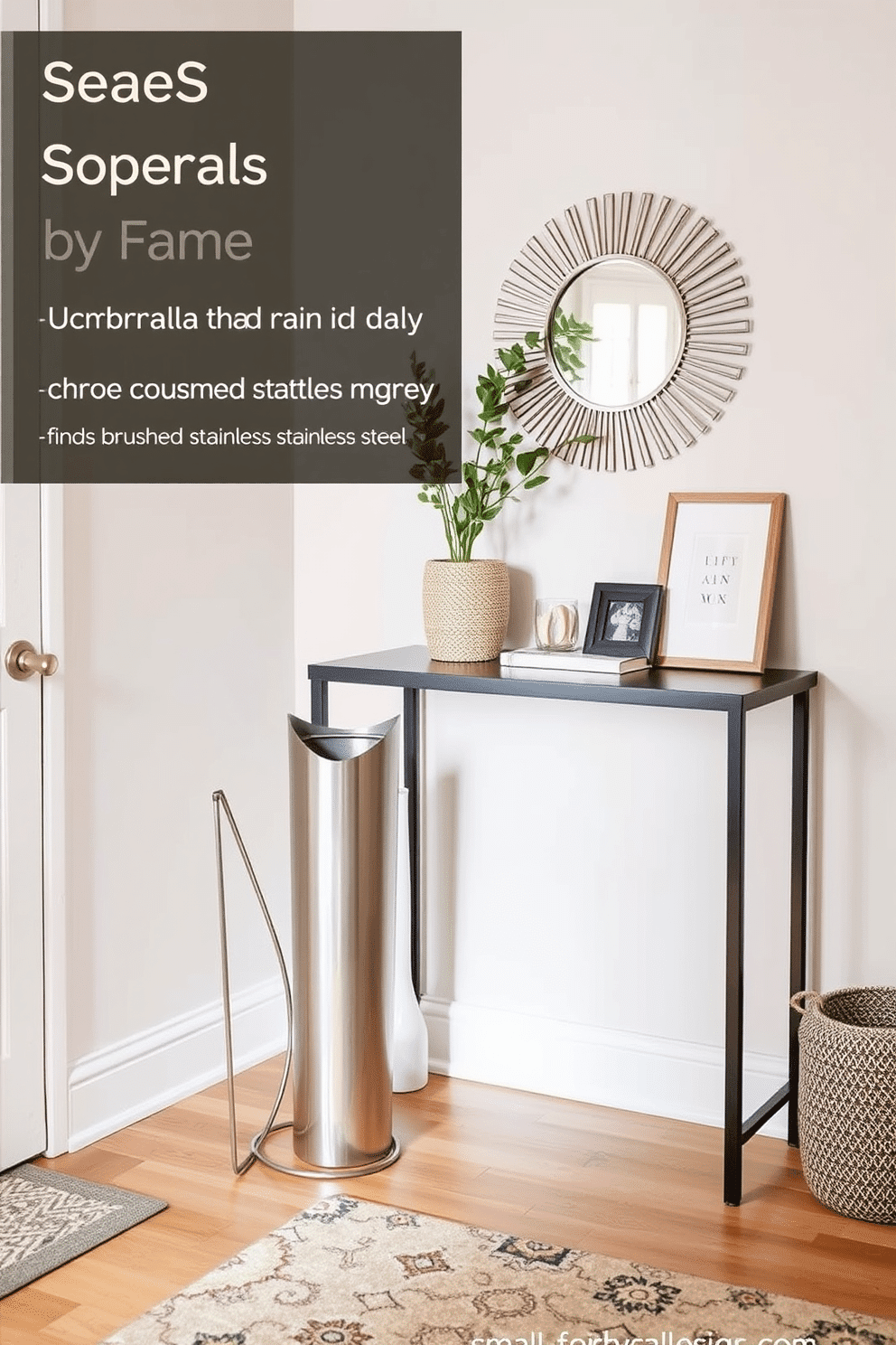 A chic umbrella stand for rainy days features a sleek, modern design made of brushed stainless steel, elegantly shaped to hold multiple umbrellas. It stands in a corner of the foyer, accompanied by a small potted plant that adds a touch of greenery. Small foyer design ideas include a minimalist console table with a decorative mirror above it, reflecting light and creating an illusion of space. The floor is adorned with a stylish runner rug, and a few carefully placed art pieces add personality to the entryway.