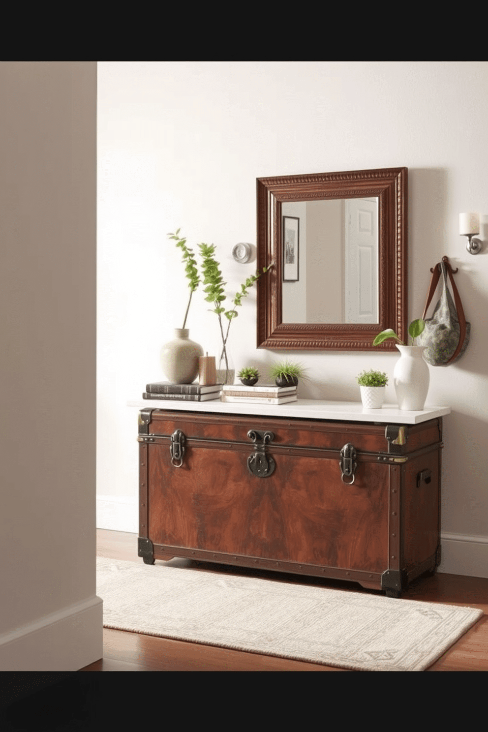 A vintage trunk serves as a unique storage solution, adding character and charm to the space. It is placed against a backdrop of soft, neutral walls, with decorative items like books and plants artfully arranged on top. For the small foyer design, consider a compact console table with a sleek design and a statement mirror above it. Accentuate the area with a stylish rug and wall hooks for practicality, creating an inviting entryway that maximizes space.