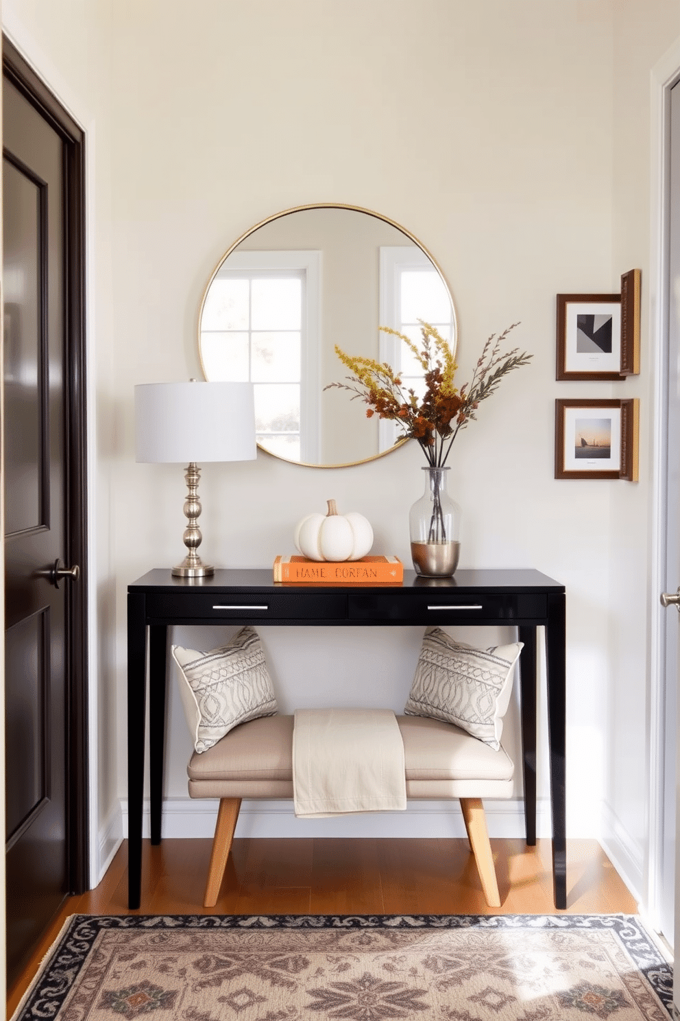 A small foyer featuring a stylish console table with a sleek design, topped with seasonal decorations such as a pumpkin arrangement for fall or a floral display for spring. The walls are adorned with a soft pastel color, and a round mirror hangs above the table, reflecting natural light from a nearby window. Incorporate a cozy area rug that complements the decor, adding warmth and texture to the space. A small bench with decorative cushions provides seating, while a few framed art pieces create an inviting atmosphere.