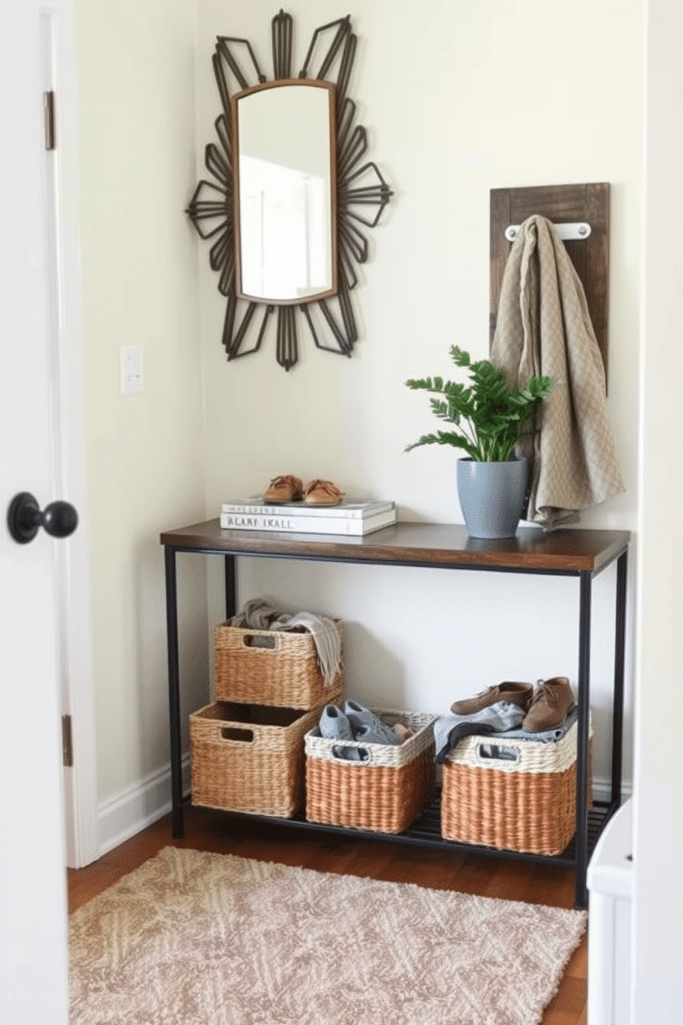 A small foyer featuring decorative baskets for organized clutter. The walls are painted in a soft pastel hue, and a stylish console table sits against one wall, adorned with a decorative mirror above it. On the floor, a cozy area rug adds warmth, while decorative baskets in varying sizes are neatly arranged underneath the table, filled with items like shoes and scarves. A small potted plant adds a touch of greenery, enhancing the welcoming atmosphere of the space.