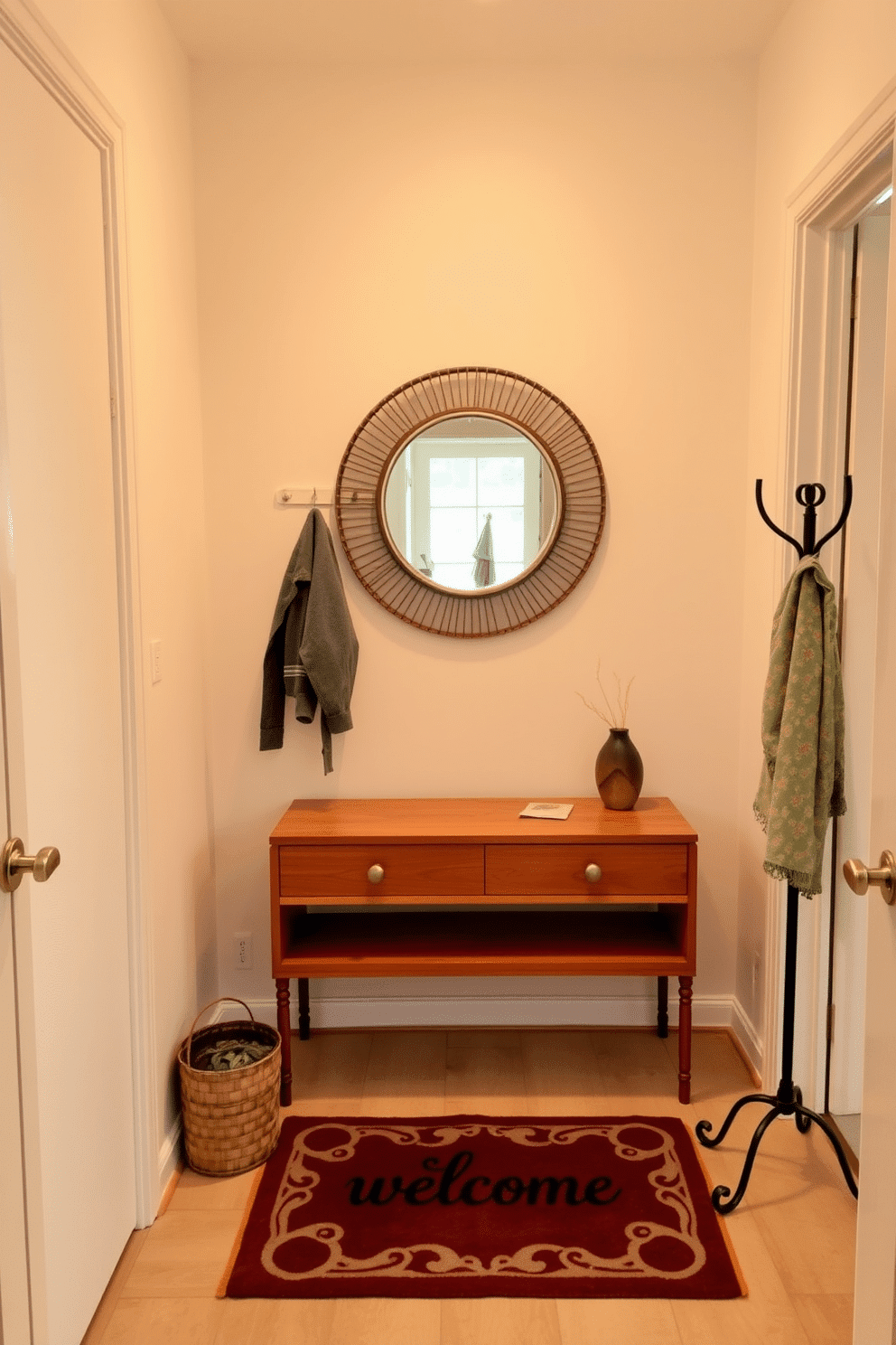 A welcoming mat with a cheerful design sits at the entrance, inviting guests into the space. The small foyer features soft, ambient lighting that highlights the warm wood tones of the console table against a backdrop of light, neutral walls. A stylish coat rack stands to one side, elegantly displaying a few hanging jackets. A decorative mirror above the table reflects natural light, creating an open and inviting atmosphere in the compact area.