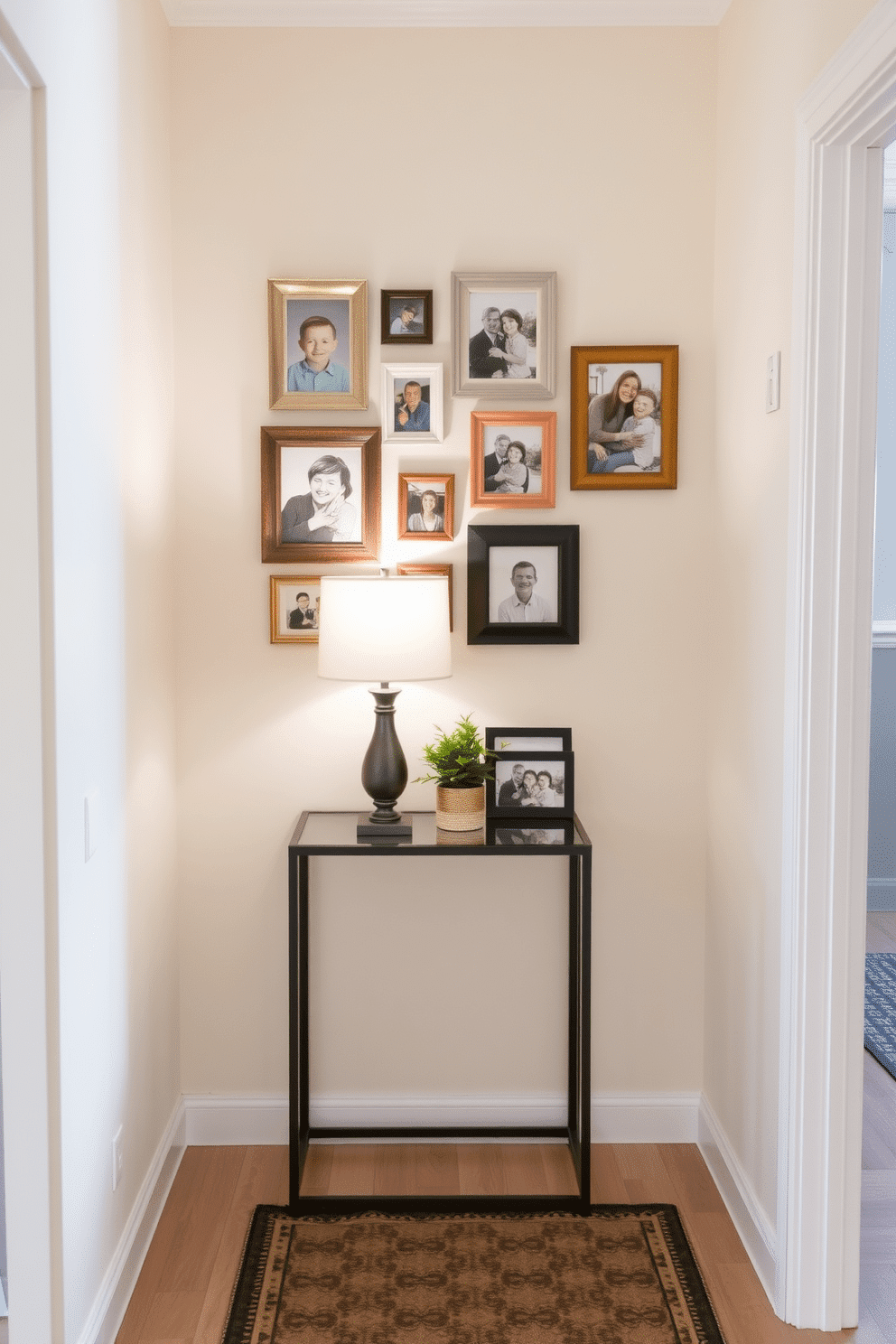 A cozy mini gallery of family photos is arranged in a stylish layout on a feature wall. The frames vary in size and finish, creating an eclectic yet harmonious display that captures cherished memories. The small foyer features a sleek console table with a decorative lamp and a small potted plant. Soft, neutral colors adorn the walls, while a patterned runner adds warmth and texture to the space.