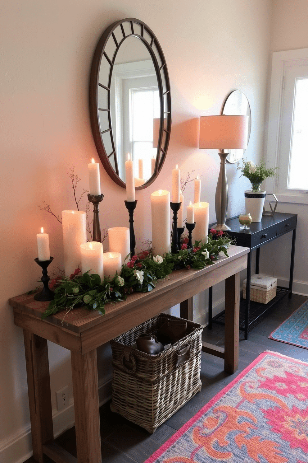 A cozy candle display is arranged on a rustic wooden table, featuring an assortment of candles in varying heights and sizes, surrounded by delicate greenery and seasonal flowers. Soft, warm lighting from the candles creates an inviting atmosphere, enhancing the charm of the space. The small foyer is designed with a sleek console table against the wall, adorned with a stylish mirror that reflects natural light. A woven basket sits beneath the table, providing storage for shoes, while a pop of color is added with a vibrant rug that welcomes guests as they enter.