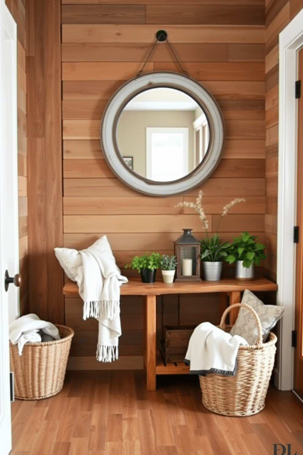 A cozy foyer with rustic wood accents creates a warm farmhouse vibe. The walls are adorned with reclaimed wood paneling, and a vintage bench sits against one side, complemented by a woven basket filled with blankets. A large, round mirror with a distressed frame hangs above a narrow console table made of reclaimed wood. Potted plants and a rustic lantern are placed on the table, adding a touch of greenery and warmth to the entrance space.