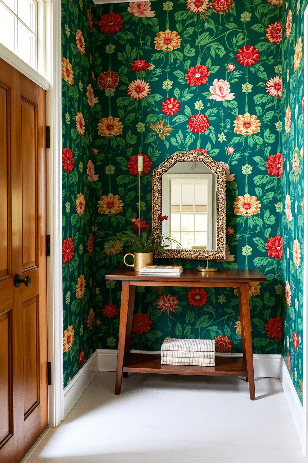 A small foyer adorned with vibrant wallpaper that features a bold floral pattern, creating an inviting and cheerful atmosphere. A sleek console table in a rich wood finish sits against the wall, topped with a decorative mirror and a small potted plant for added greenery.