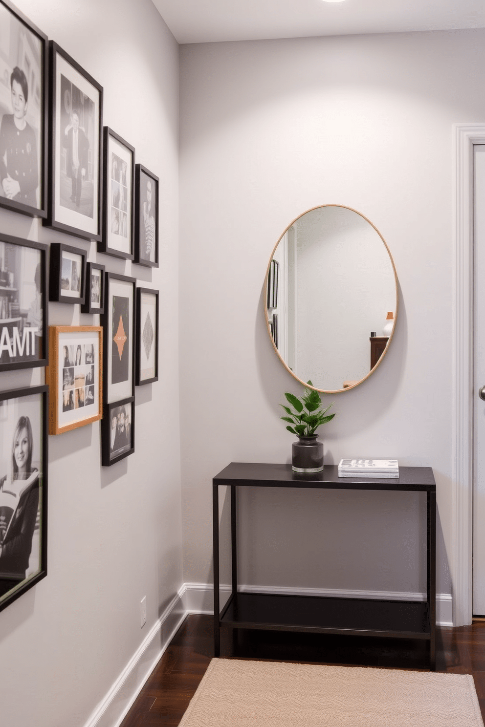 A gallery wall adorned with a curated collection of framed photographs and artwork adds a personal touch to the space. The arrangement features a mix of sizes and styles, creating an eclectic yet harmonious display that draws the eye. For the small foyer, consider a sleek console table paired with a stylish mirror above it. Soft lighting and a small potted plant can enhance the welcoming atmosphere while maximizing the functionality of the limited space.