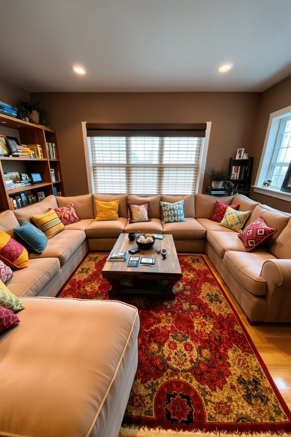 A cozy corner for tabletop games features a plush, oversized sectional sofa adorned with colorful throw pillows, inviting friends to gather and play. A rustic wooden coffee table sits in the center, surrounded by shelves filled with board games and gaming accessories, while warm ambient lighting creates a welcoming atmosphere. The walls are painted in a soft earth tone, enhancing the room's warmth, and a large window allows natural light to filter in, illuminating the space. A vibrant area rug anchors the seating area, adding texture and comfort, making it the perfect spot for game nights.