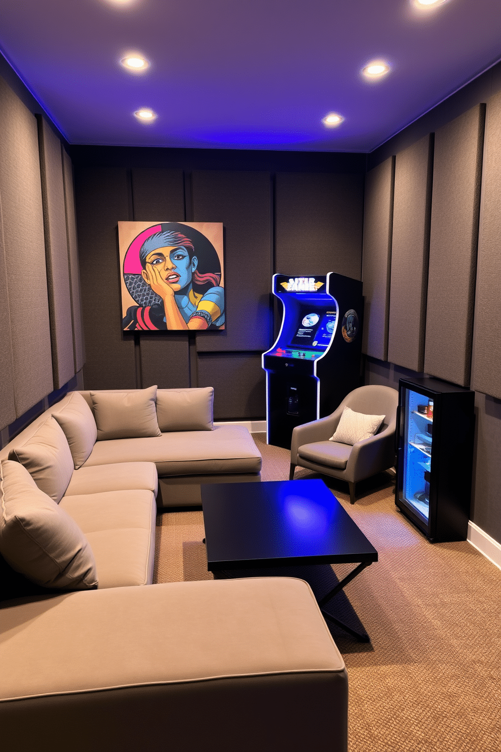 A cozy small game room featuring soundproofing panels on the walls to enhance noise control. The room is equipped with a plush sectional sofa and a sleek coffee table, creating a comfortable space for gaming and relaxation. In one corner, a stylish arcade machine stands against a backdrop of vibrant wall art. Soft LED lighting casts a warm glow, while a mini fridge adds convenience for snacks and drinks.