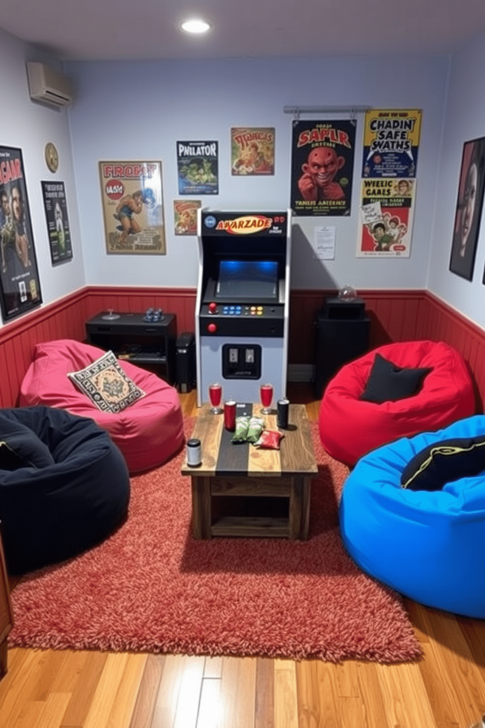 A cozy game room featuring a vintage arcade machine as the centerpiece. The walls are adorned with retro posters, and a plush, colorful rug covers the hardwood floor, creating an inviting atmosphere. Surrounding the arcade machine are comfortable bean bag chairs in vibrant hues, perfect for relaxing and enjoying games with friends. A small coffee table made of reclaimed wood sits nearby, topped with snacks and drinks for a fun gaming experience.