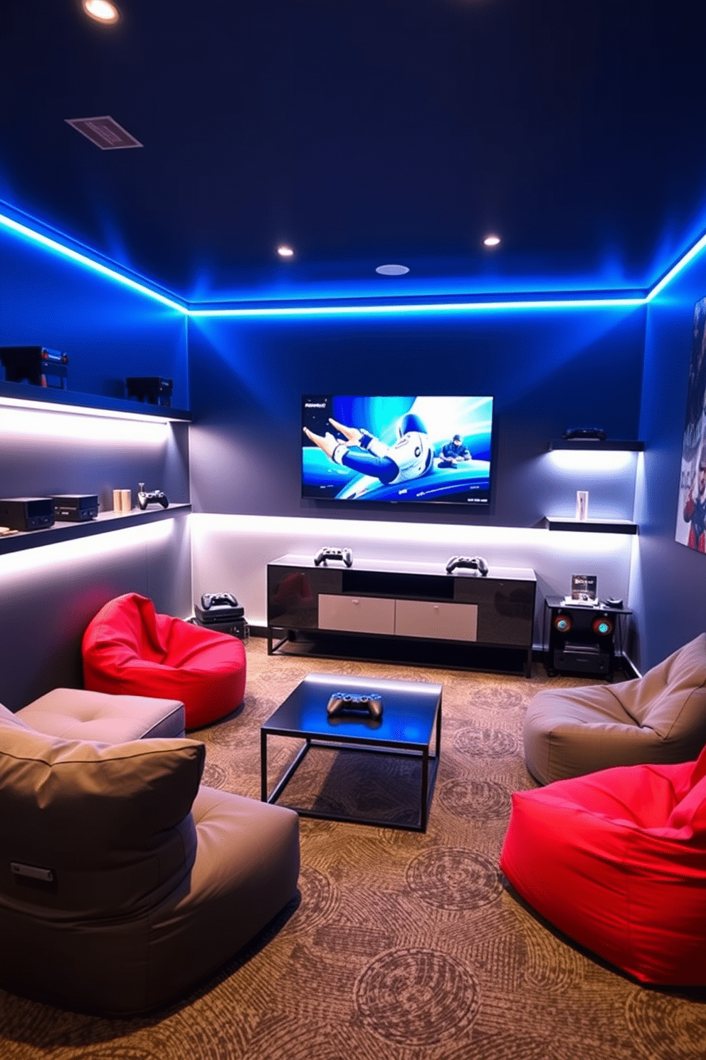 A modern small game room designed for gaming and movie nights. The room features a sleek wall-mounted smart TV, surrounded by comfortable seating options like a sectional sofa and bean bags. The walls are painted in a dark navy blue, creating a cozy atmosphere, while LED strip lights add a vibrant touch. A compact coffee table sits in the center, and shelves display gaming consoles and accessories, ensuring an organized yet stylish space.