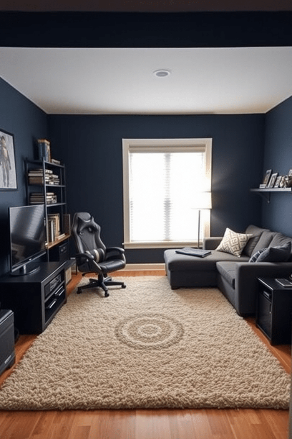 A cozy small game room featuring a plush area rug that defines the gaming area, creating a distinct and inviting space. The walls are painted in a deep navy blue, and the room is furnished with a sleek gaming console and a comfortable sectional sofa in a modern fabric. In the corner, a stylish gaming chair complements the decor, while shelves display an array of board games and collectibles. Soft ambient lighting from a floor lamp enhances the atmosphere, making it perfect for both gaming and relaxation.