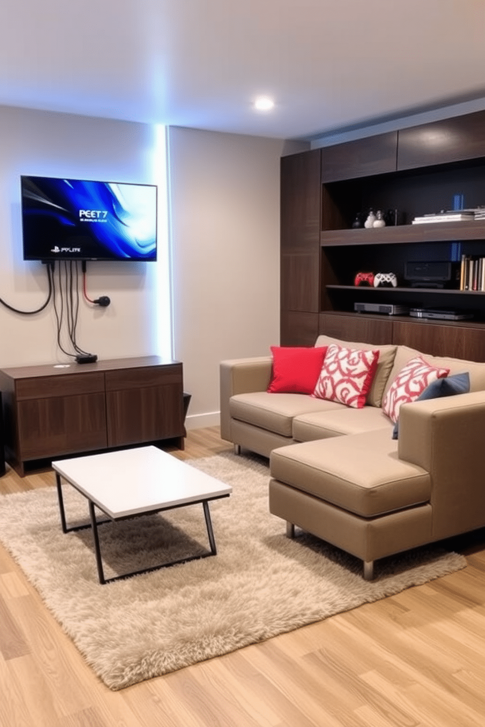 A small game room design that emphasizes a clean aesthetic with hidden cables. The space features a sleek gaming console mounted on the wall, with all wires concealed behind a custom cabinetry unit. Comfortable seating options include a modern sectional sofa in a neutral tone, paired with vibrant accent pillows. A stylish coffee table sits in the center, surrounded by a plush area rug that adds warmth to the room.