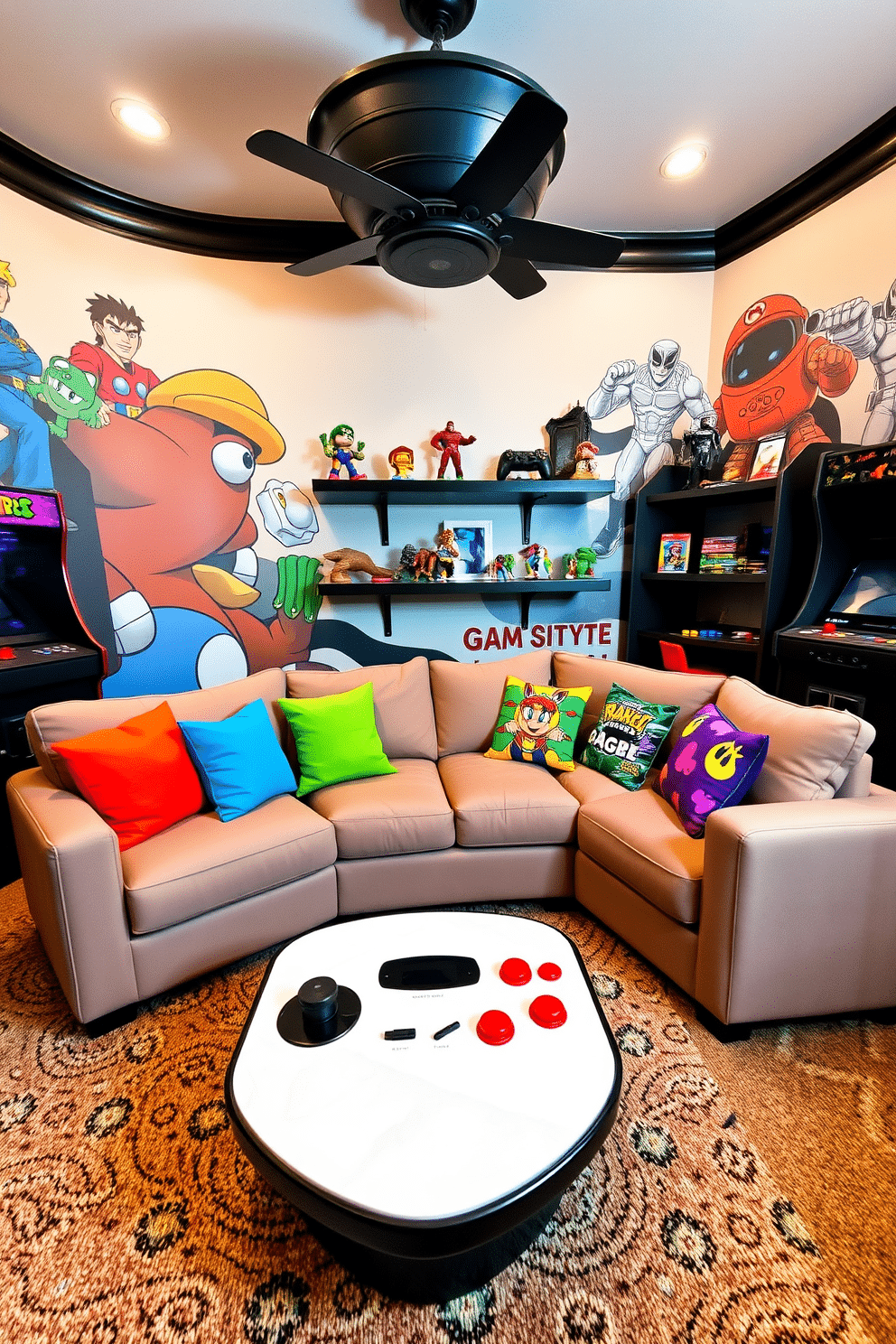 A cozy game room designed with a retro arcade theme. The walls are adorned with vibrant murals of classic game characters, and vintage arcade machines line one side of the room. In the center, a plush sectional sofa with colorful throw pillows provides comfortable seating for players. A sleek coffee table, shaped like a game controller, sits in front, while shelves display collectible action figures and game memorabilia.