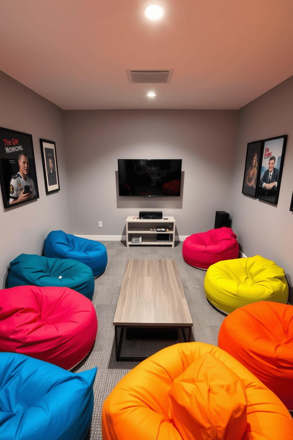 A cozy small game room featuring vibrant bean bags in various colors arranged around a low coffee table. The walls are painted a light gray, and a large wall-mounted TV is positioned opposite the seating area, creating an inviting atmosphere for relaxation and entertainment.