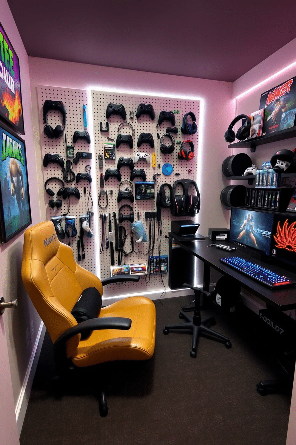 A compact game room featuring a functional pegboard wall for organizing gaming accessories, showcasing a variety of controllers, headsets, and game cases neatly arranged. The room is accented with vibrant wall art and LED strip lighting, creating an inviting atmosphere for gaming enthusiasts. Incorporate a comfortable gaming chair and a sleek desk with a modern gaming setup, including a high-resolution monitor and a stylish keyboard. The flooring is a soft carpet in a dark hue, providing comfort and warmth while enhancing the overall aesthetic of the space.